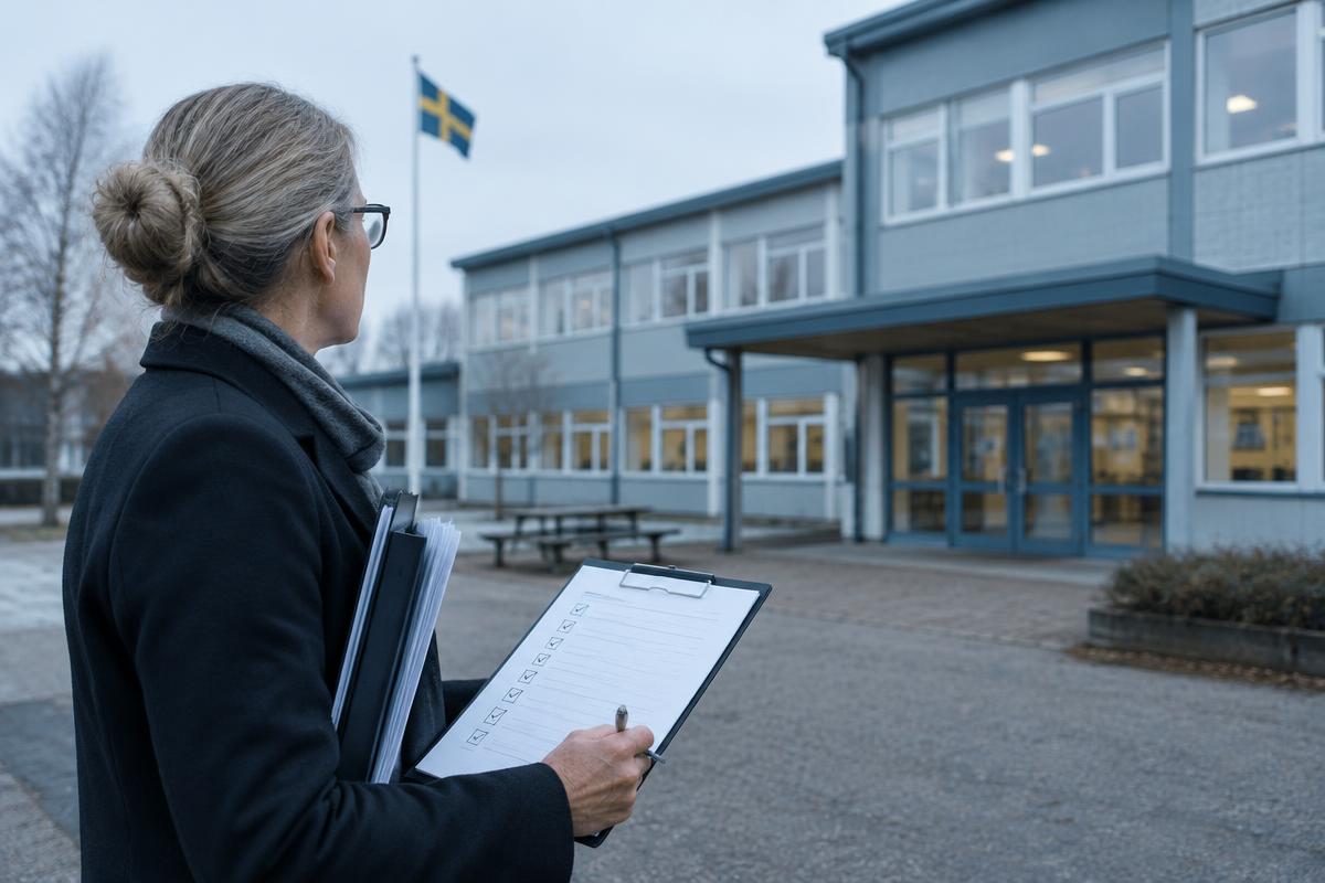 Granskare med dokument lista utanför en skolbyggnad