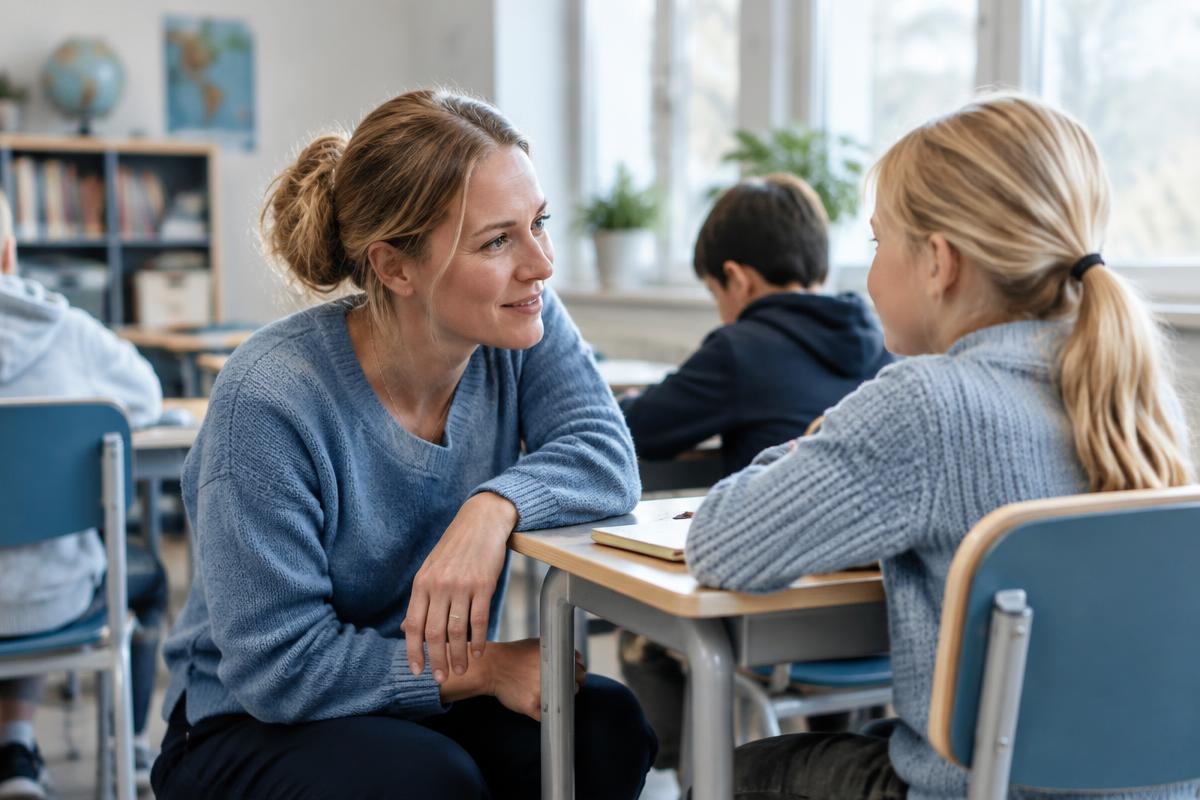 Lärare som stödjer och lyssnar på en elev i klassrummet