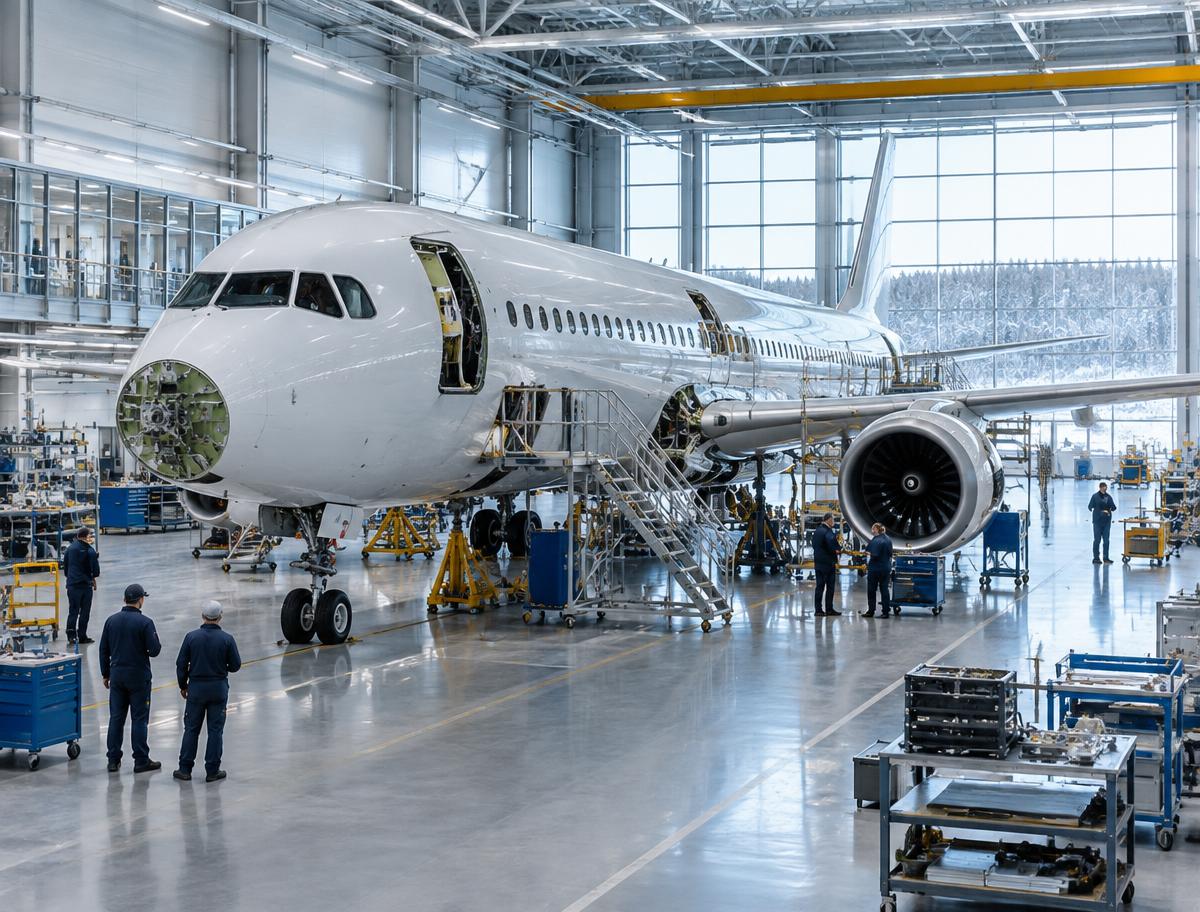 Flygplan under tillverkning i en modern industrihall