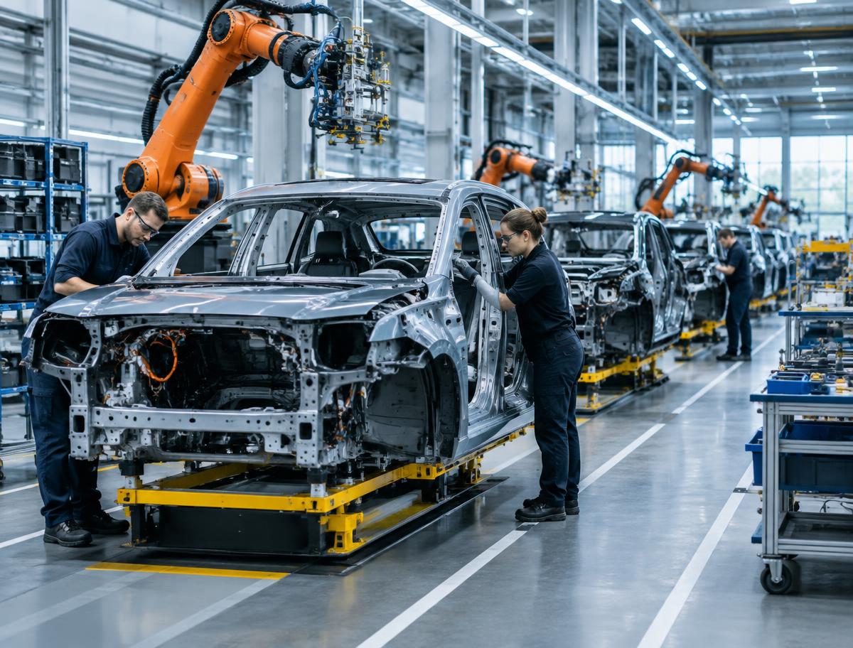Fordon monteras av yrkesarbetare och robotar i en modern bilfabrik