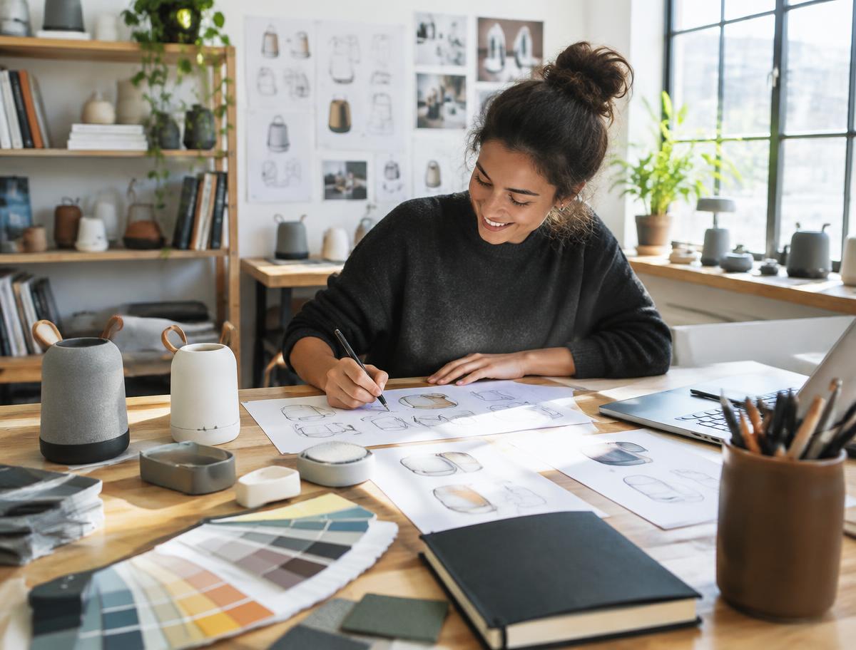Designer skissar på nya produkter i en kreativ studio