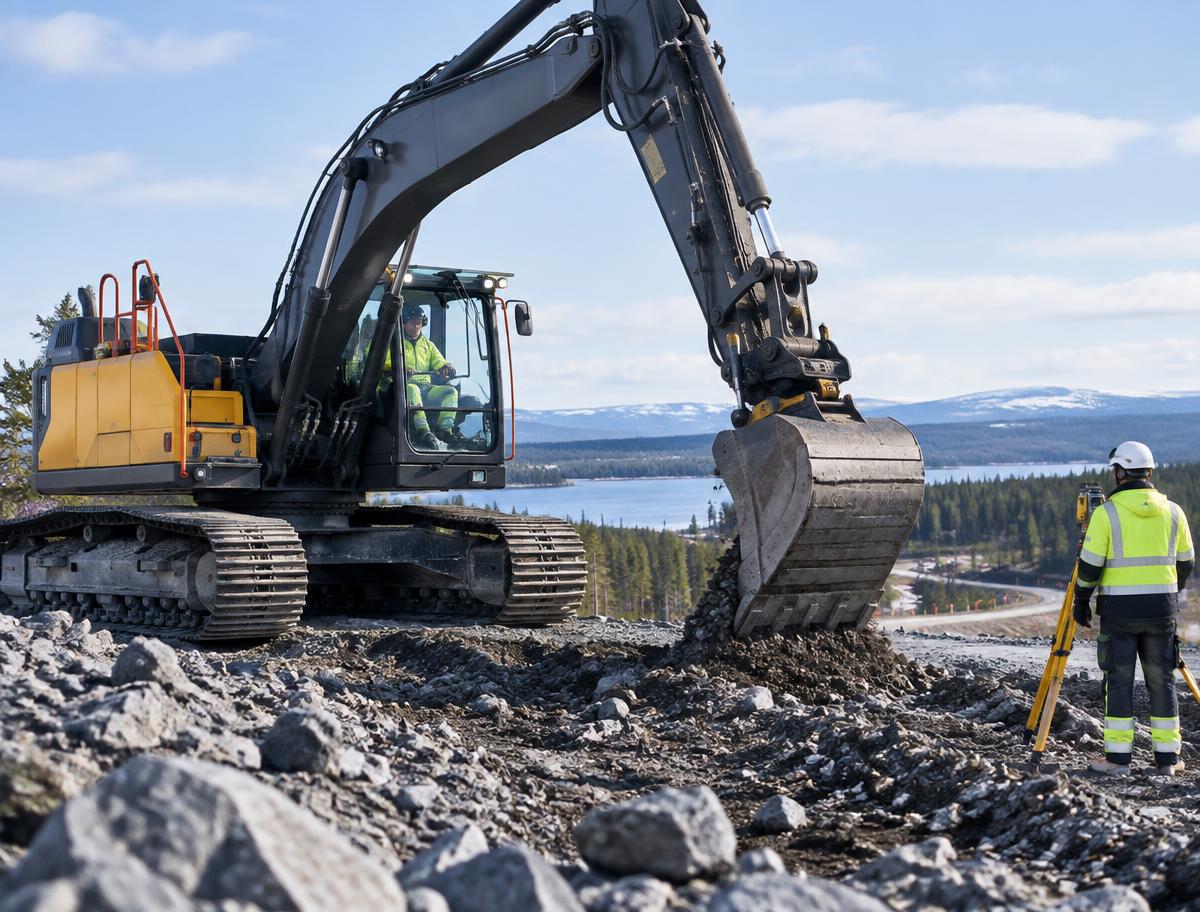 Grävmaskin och yrkesarbetare vid ett nordiskt infrastrukturprojekt