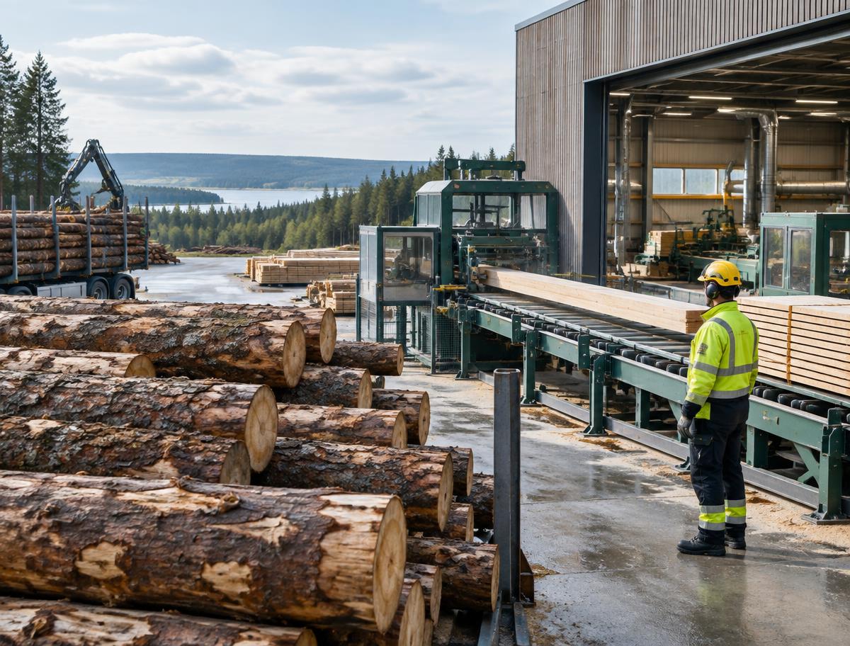 Modern skogsindustri med timmer, sågverk och yrkesarbetare