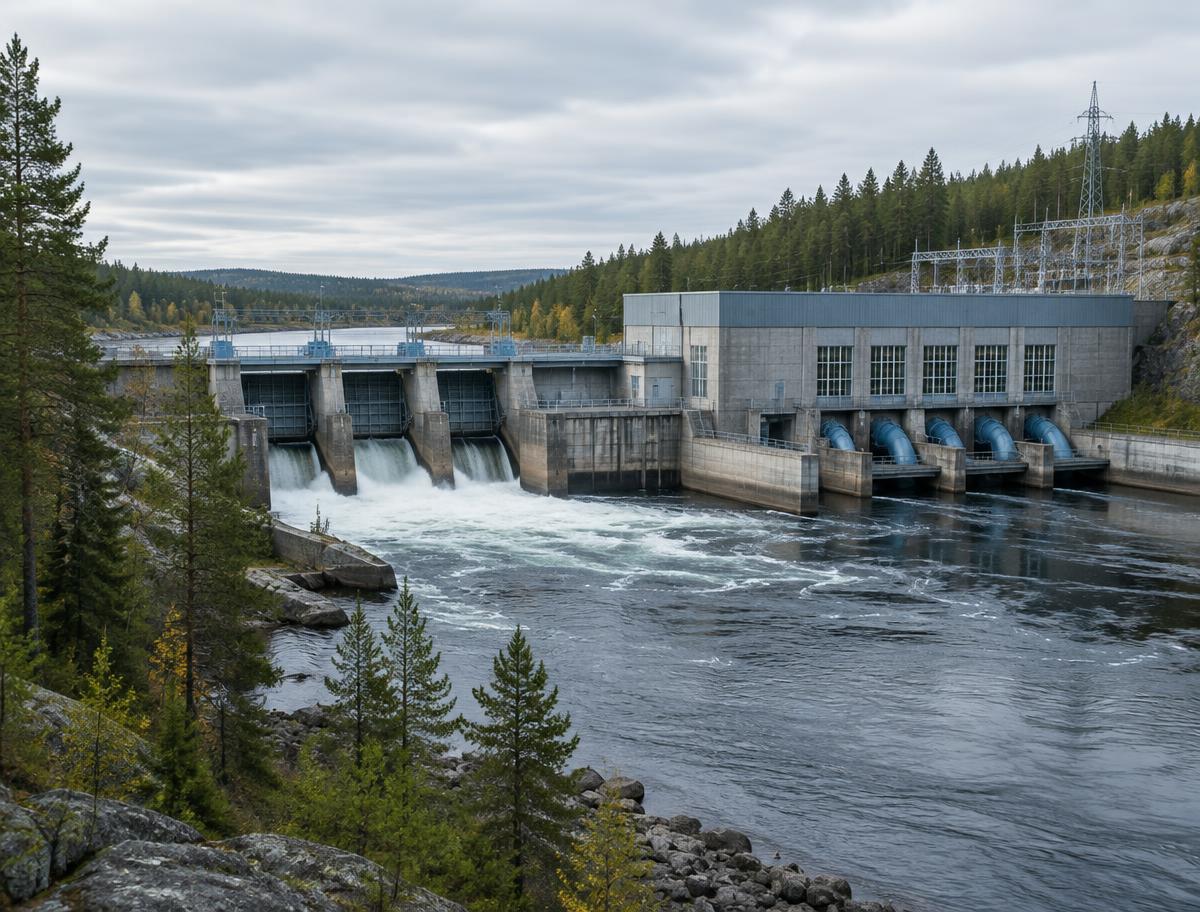 Vattenkraftverk i ett nordiskt skogs- och älvlandskap