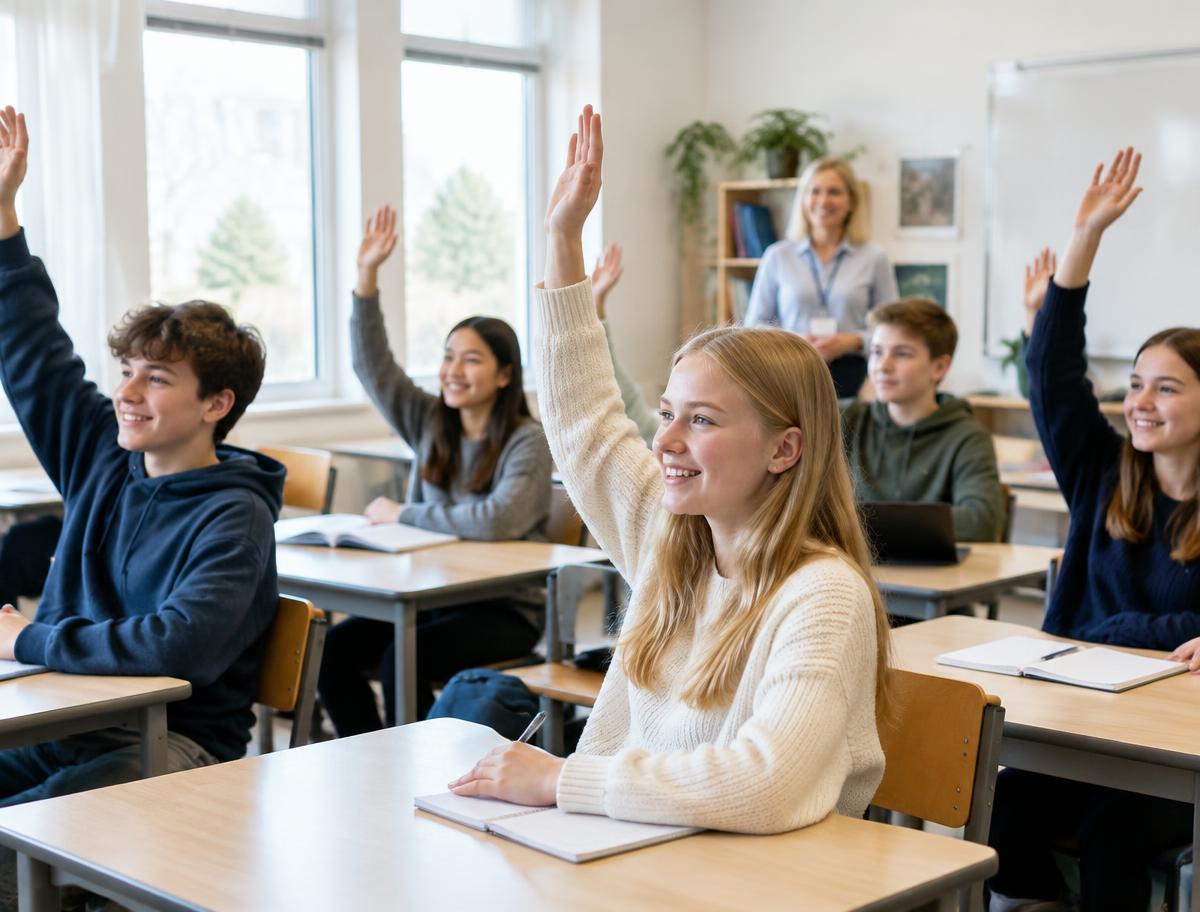 Glada och engagerade elever i ett ljust klassrum